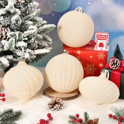 Civaner 4 Pcs 6 Inch Velvet Christmas Ball Ornaments Beige – Vintage Flocked Shatterproof