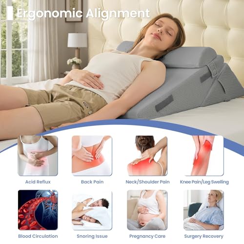 Adjustable Wedge Pillow Set for Post-Surgery Support - Dark Grey, 9 & 12 Inch + Head Pillow