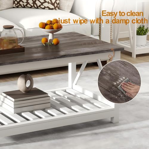 Farmhouse Coffee Table with Storage - White & Oak Grey, 39.4 inch
