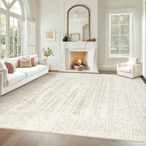 Ivory Beige 8x10 Washable Moroccan Boho Rug with Non-Slip Backing