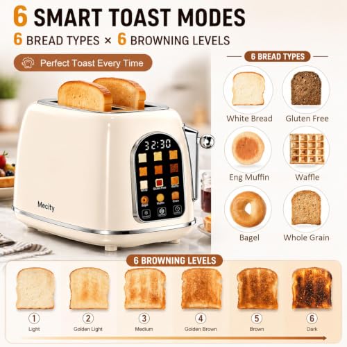 Mecity Cream 2-Slice Retro Touch Screen Toaster with Wide Slots & Multiple Settings