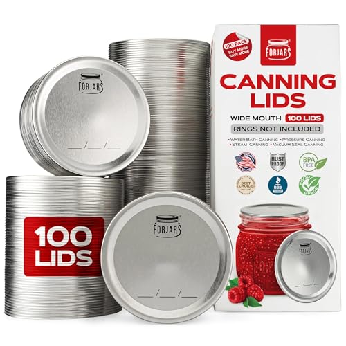Wide Mouth Canning Lids 100-Pack - Airtight Food Storage Metal Lids with Silicone Seals - Fits Ball Mason Jars