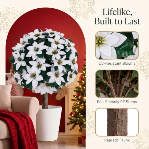 TIMBERHIDE 2Pcs White Poinsettia Topiary Christmas Tree 21"- Outdoor Decor