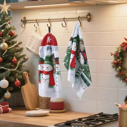 Tudomro 2 Pcs Christmas Snowman Print Kitchen Dish Towels, Christmas Hand Towels Set with Hanging Loop, Absorbent Polyester Kitchen Bundle, Winter Gifts Decoration for Family, 15 x 24 Inches