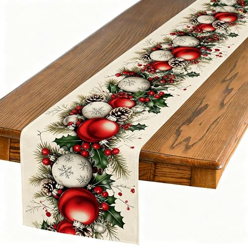 Everglit Christmas Table Runner 13x72 Linen with Balls, Holly Leaves, Berries, Pine Cones & Branches