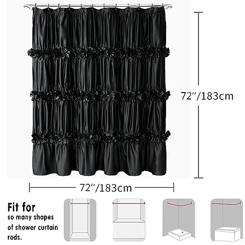 Homechoice Decor Black Handcrafted Bow Tie Shower Curtain 72x72 inches, Elegant Waterfall Ruffle Design