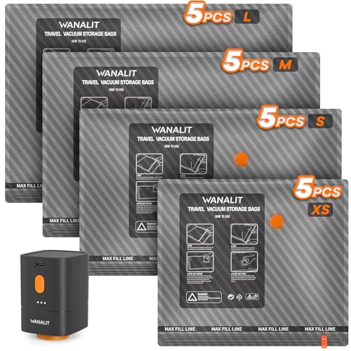 WANALIT Black Travel Vacuum Storage Bags 20 Pack with Wireless Pump for Luggage