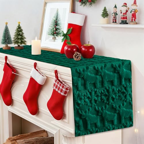 OTOSTAR Snowflake & Elk 13x108in Plush Faux Fur Table Runner, Green