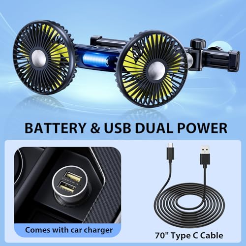 Nauttxon Rechargeable Car Fan for Backseat Kids - Yellow, 4.7-10.8" Retractable Long Arm, 3-Speed & 360° Adjustable