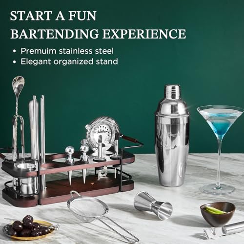 KITESSENSU Silver 24-Piece Cocktail Shaker Set with Stand - Complete Bartender Kit