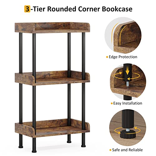 Hosfais Rustic Brown 3-Tier Small Wooden Bookcase - Safe Edge Protection