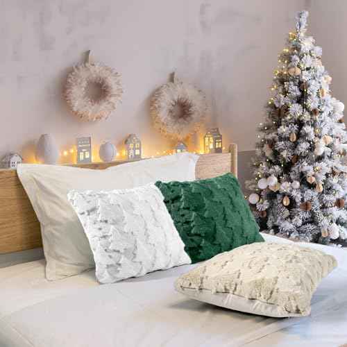 Christmas Pillow Covers 18x18 inch, Set of 2 Christmas Tree Decoration Soft Plush Faux Fur Throw Pillows Covers for Winter Holiday Festivals Bedroom Sofa Home Decor (Green)