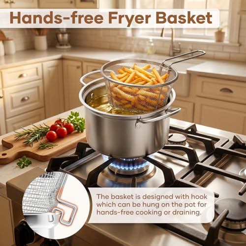 Deep Fryer Pot with Basket Lid & Splatter Guard - 6.3QT/6.0L - Stainless Steel