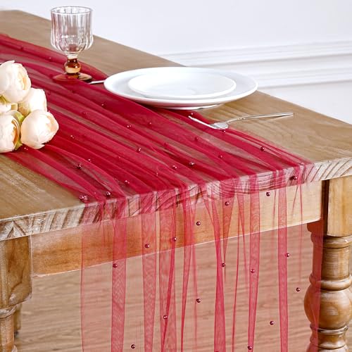 Red Tulle Table Runner Pearl Fabric Christmas Veil Dessert Chiffon
