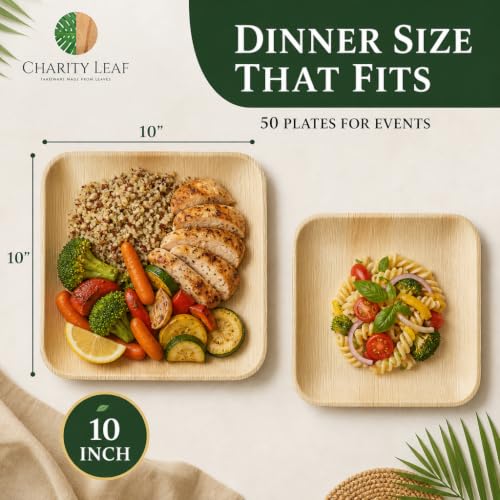 Charity Leaf 50-Pack 10-Inch Square Compostable Bamboo Dinner Plates - Heavy Duty, Eco-Friendly, Disposable for Parties & Events