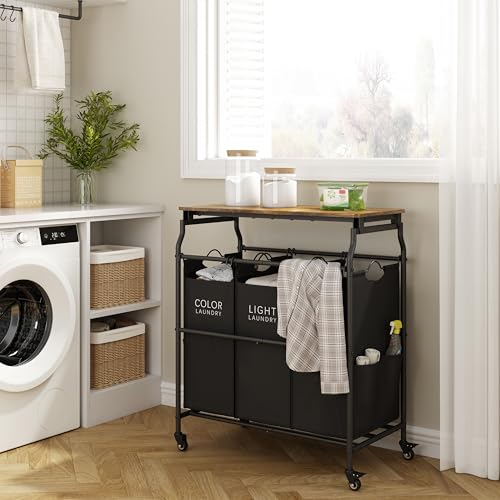 Hoctieon Black 3-Section Laundry Sorter with Removable Hampers & Ironing Board