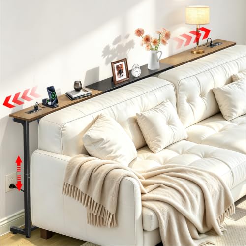 Adjustable Narrow Console Table Behind Couch with 2 Power Outlets, Rustic Brown