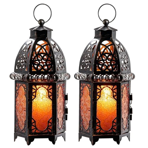 Set of 2 Amber Moroccan Lanterns 12.8'' Hanging & Tabletop Candle Holders, Vintage Copper Finish