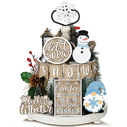 Qunclay 12 Pcs Snowman Winter Tiered Tray Decor Wood Signs - Christmas Style