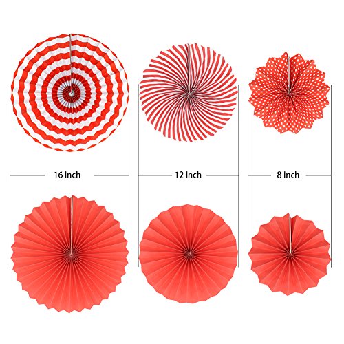 6-Pack Red Party Decorations, Hanging Paper Fans Wall Decor