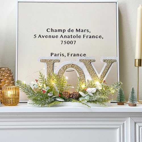 Lighted White and Gold Christmas Joy Sign Decoration Indoor - Festive Holiday Decor