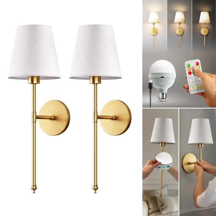PRIDOLA Gold Wireless Wall Sconce Set of 2 - Rechargeable LED, Remote Control, Adjustable Brightness & Warmth, Easy Mounting