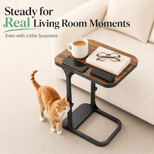 Kitstorack Brown Adjustable C-Shaped End Table for Couch & Bed - Rustic Metal Frame