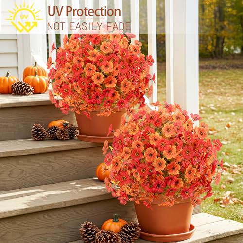 Fall Artificial Mums Flowers Topiary Balls 23 Inch - Orange & Red, 2 Pack
