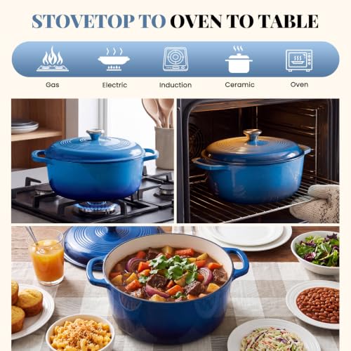 DUMOS 6 Quart Enamel Cast Iron Dutch Oven - Gradient Blue, Lid Included