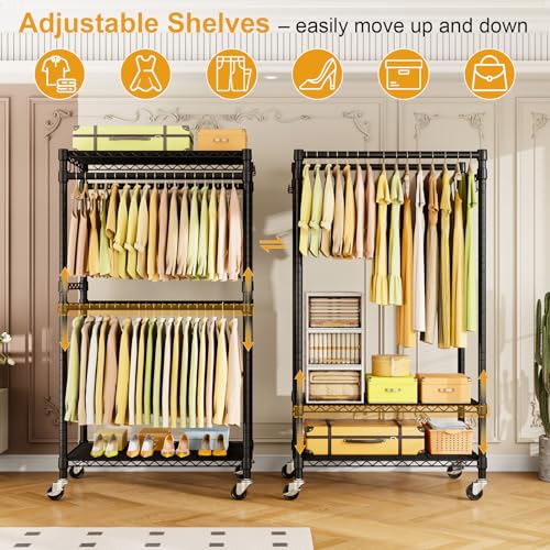 ULIFHOME P4 Rolling Clothes Rack with Double Rod & Adjustable Shelves - Black / P4