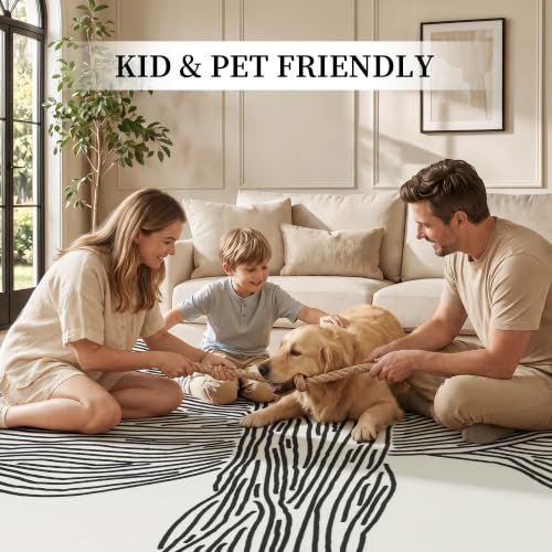 Modern Lines Beige 5x7Ft Abstract Washable Rug - Non-Slip Area Rug for Living Room Bedroom Nursery