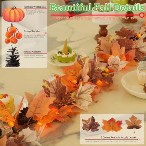 Dolunvo 2-Pack 10Ft Battery Operated Fall Garland with Lights, Pumpkin & Maple Leaves
