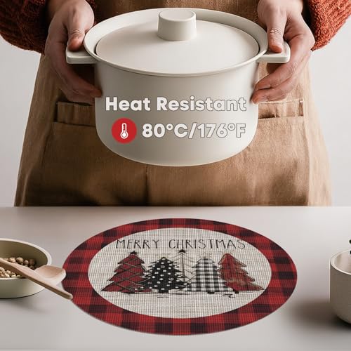 14-Inch Xmas Christmas Vinyl Round Placemats Set of 4 - Wipeable Winter Table Mats, Red