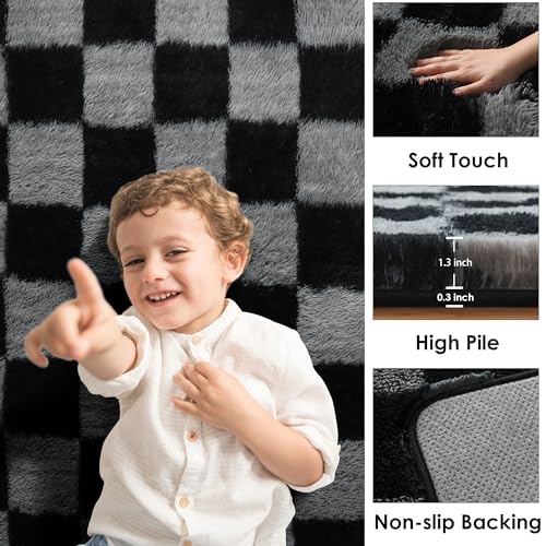 KICMOR 8x10 Black & Grey Checkered Shag Rug for Living Room & Bedroom