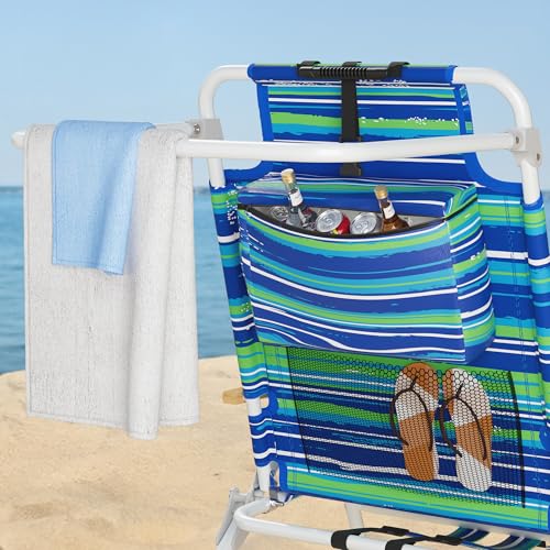 Yestomo Striped Blue & Green Tall Backpack Beach Chair, 17" Seat Height, 5 Reclining Positions, Supports 350lbs