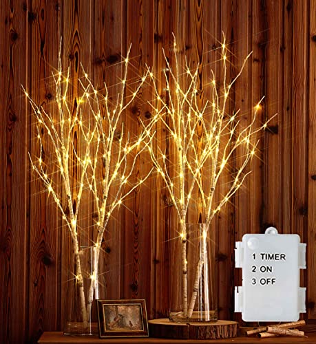 Hairui White 2-Pack Lighted Artificial Birch Tree Branch with Fairy Lights, 30 Inch, 100 LEDs, Battery Operated Christmas Decor