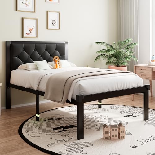 Einhomn Twin Metal Bed Frame with Faux Leather Headboard - Black, 12" Underbed Storage, No Box Spring Needed