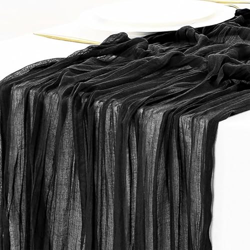 Black Table Runner Cheesecloth Spring Summer 10FT Long Boho Gauze Cheese Cloth Table Runners for Wedding Party Baby Shower Birthday Sheer Halloween Table Decorations