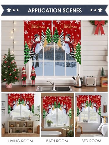 Red Green Snowman Christmas Window Valance 28x36in - 1 Pair Slim Scalloped Swag Curtains