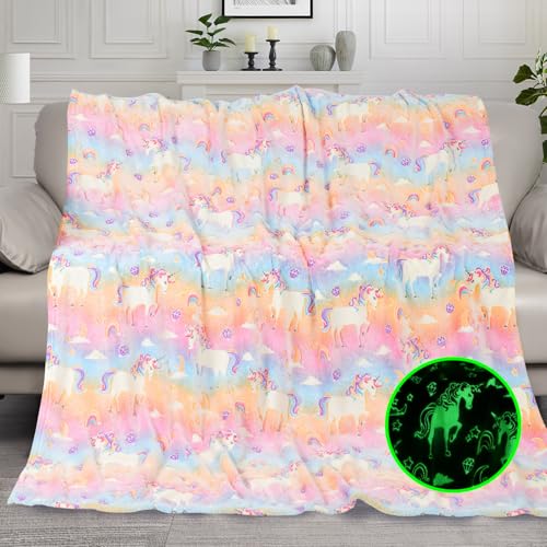 Glow in The Dark Blanket Unicorns Gifts for Kids, Soft Unicorns Blanket Gift Toys for Toddler Girls Age 2-16 Birthday Christmas 50""x60"", A0003