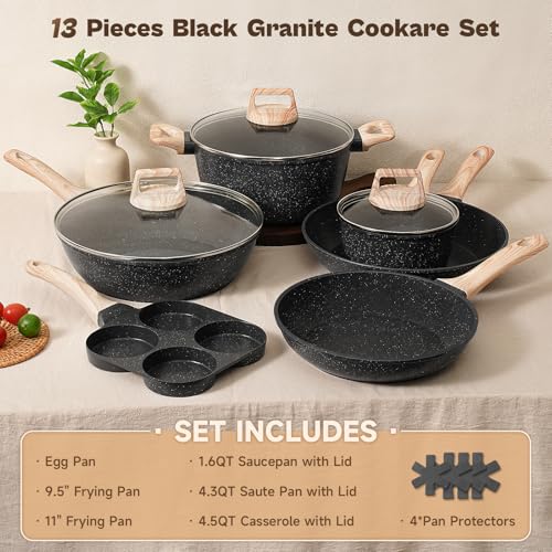 SODAY 13-Piece Non-Stick Pots and Pans Set Black Granite Induction Cookware - Variation: Black, 13 Pieces