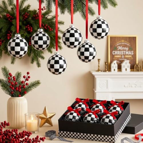 Chuangdi 6 Pcs Christmas Ball Ornaments Black and White Checkered
