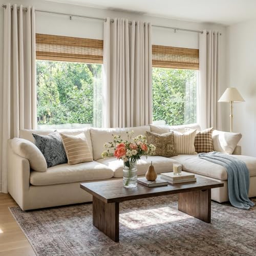 Alba Beige Blackout Linen Curtains 84 Inch Long 2 Panels Set - Light-Blocking Window Treatment