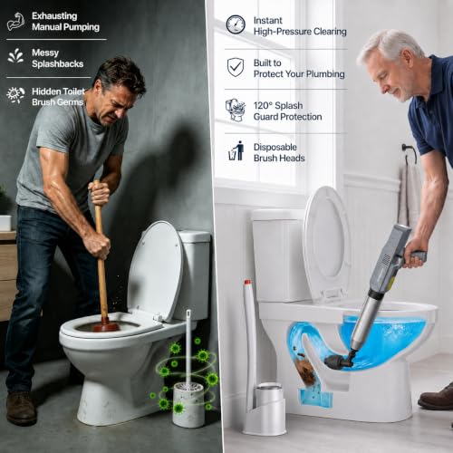 Electric Toilet Plunger with High-Pressure Air Unclogger & Disposable Wand System