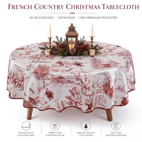 Tegeme 60'' Christmas Toile De Jouy Round Tablecloth Burgundy with Scalloped Edge - 60x60 Inch