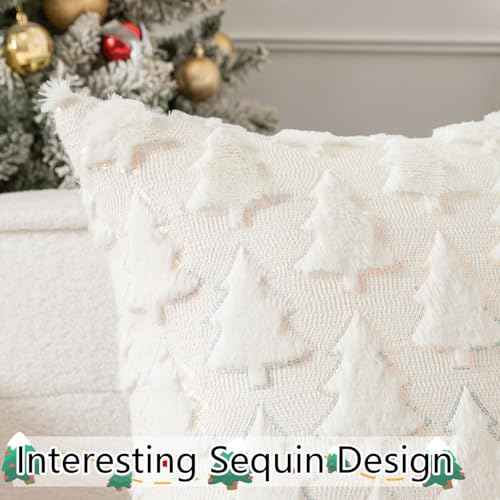 UGASA Christmas Tree Decorative Pillow Covers 18x18 Inch Set of 2 Soft Plush Faux Fur Luxury Sparkling Sequin Pattern Throw Pillows Pillowcases for Couch Sofa Holiday Festivals Home Decor, Cream White