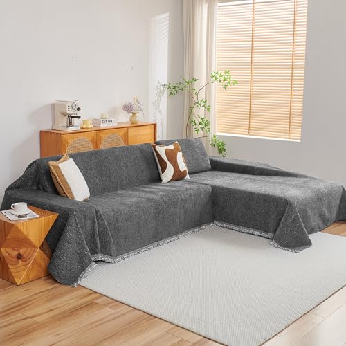Dark Grey Couch Cover for Sectional Sofa - 2 Pieces, 71x118 Inches, Chenille Material - X-Large