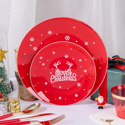 Nervure Red and White Christmas Plastic Plates 175PCS Disposable Dinnerware Set