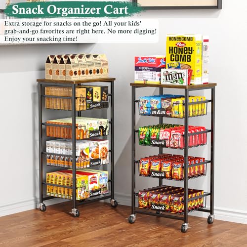 Kitchen Storage Cart with 4 Drawers & Wood Top - 5 Tier Mobile Organizer, Black