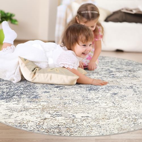 Round Area Rug 6ft Soft Washable Abstract Carpet for Living Room Beige Blue